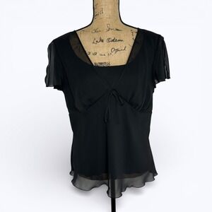 BIYAYCDA Career Top Black Sheer Chiffon Tie Neck Flutter Sleeve Event Office XL